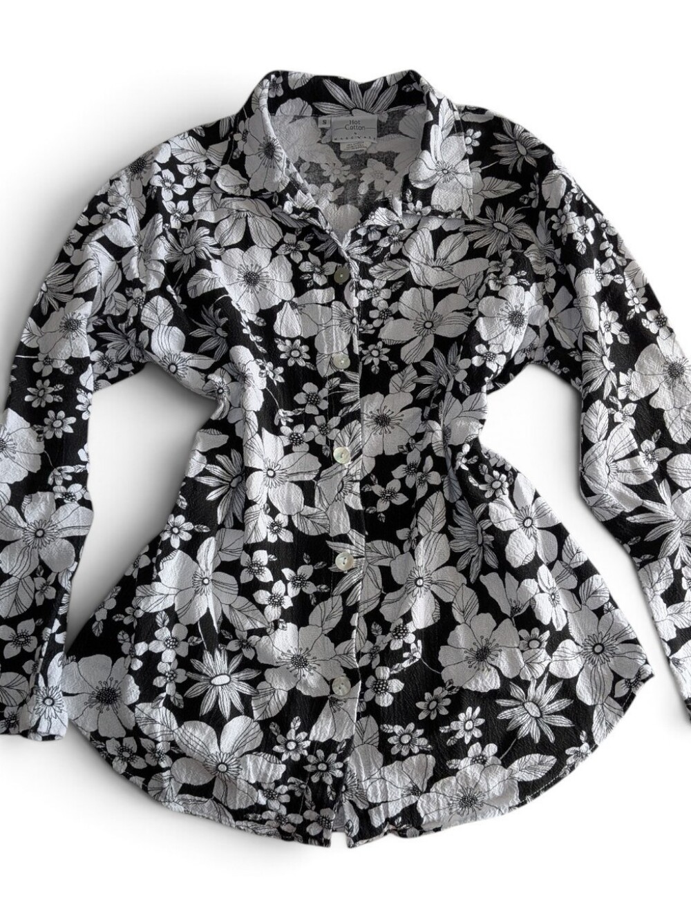VTG 90s Hot Cotton Marc Ware Black White Floral Cotton Gauze Button Down Top S